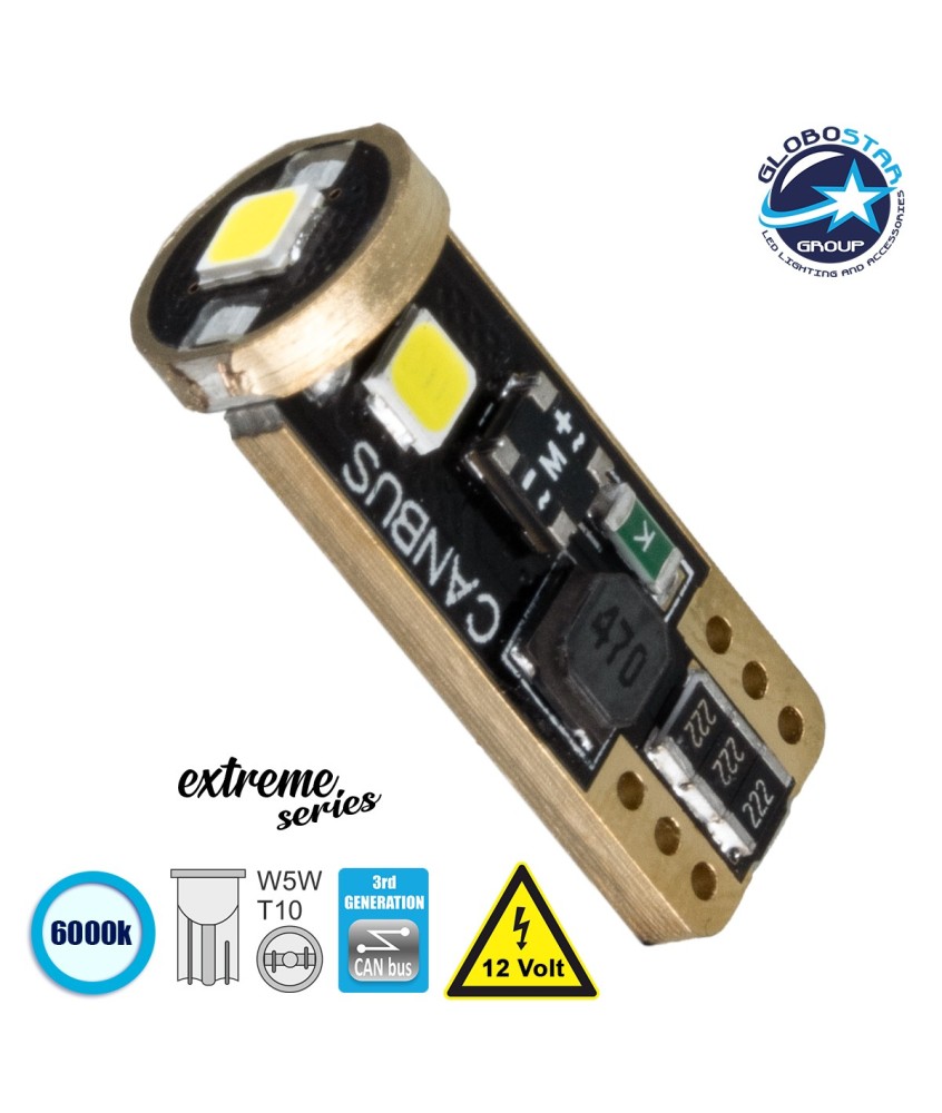 GloboStar® T10 W5W 81115 Λάμπα Αυτοκίνητου  3rd Generation Can-Bus Extreme Series LED 3 SMD 3030 3W 423lm 360° DC 12V IP20 Ψυχρό Λευκό 6000K